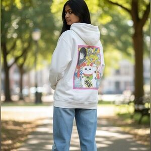 Japan Anime Lucky Kitty White Zip Hoodie XL NWOT